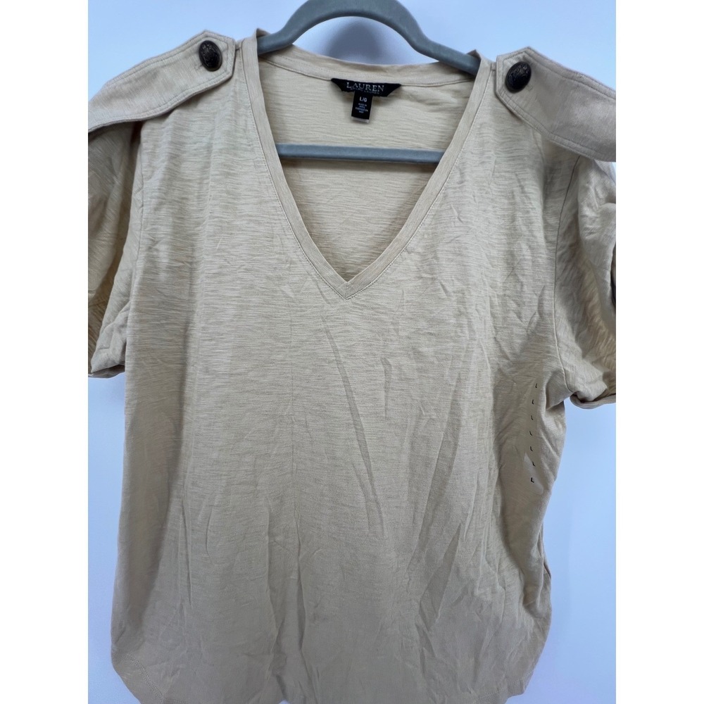Lauren Ralph Lauren Womens Top Large L Beige V Neck Button Detail